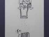 drawing of a man standing in front of a television and a woman sitting on a chair