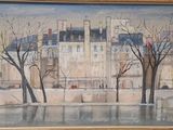 a picture of a painting of a building by the water