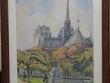 framed watercolor painting of a view of a cathedral in a park