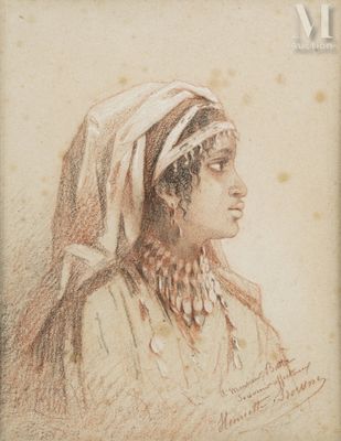 un vieux dessin représentant une femme portant un foulard et un collier