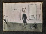 dessin représentant une femme en robe noire debout dans une pièce avec un chat