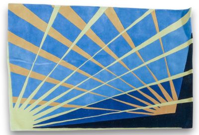 abstract painting of a blue and yellow sunburst on a white background