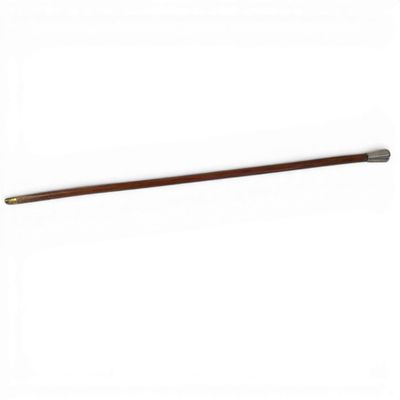 an old wooden stick with a metal handle on a white background