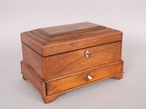 an antique wooden box with two drawers on top of it
