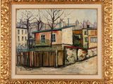 une peinture à l'huile représentant une scène de rue avec des maisons et une clôture