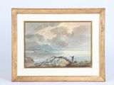an image of a painting of a mountain scene with a lake