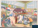 a painting of a car being worked on by a group of people