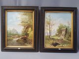 paire de peintures à l'huile sur toile représentant un paysage champêtre et un ruisseau
