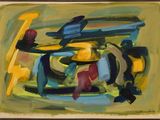 painting of a painting of a yellow and blue motorcycle with a black top