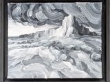 une peinture à l'huile représentant un paysage de montagne avec des nuages dans le ciel