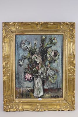 painting of a vase of flowers in a gold frame on a white background