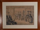 framed drawing of a group of people sitting in a room