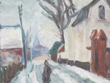 painting of a person walking down a snowy road in front of a church
