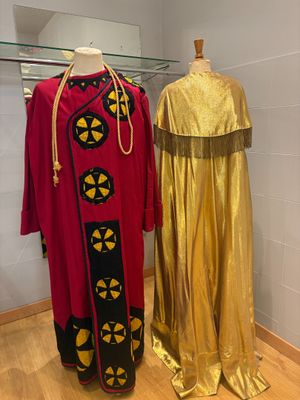 deux costumes exposés dans une pièce