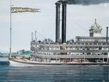 a painting of a steamboat boat with smoke coming out of it
