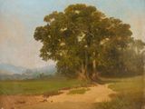 a painting of a tree in a field with a dirt road