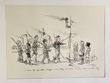 dessin représentant un groupe de soldats debout devant un lampadaire