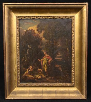 une peinture à l'huile représentant une femme dans un paysage en compagnie d'un chien