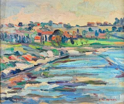 une peinture à l'huile représentant une rivière avec des maisons au loin