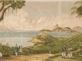 tableau représentant une vue d'une île tropicale avec des palmiers et des personnages
