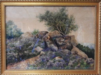 a picture of a painting of rocks and a tree
