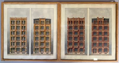 painting of a pair of buildings in a wooden frame on a wall