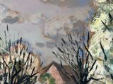 a painting of a house in the distance with trees in the foreground