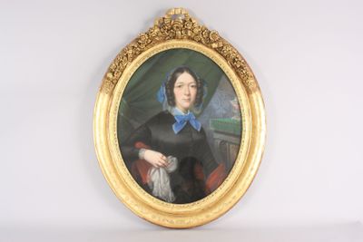 a painting of a woman in a black dress and a blue scarf