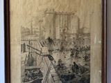 framed drawing of a city scene with a horse drawn carriage in the foreground