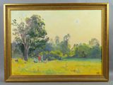 un tableau représentant des personnes assises dans un champ, à l'ombre d'un arbre