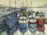 tableau représentant un groupe de bateaux amarrés dans un port par temps nuageux