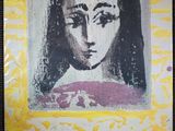 an image of a painting of a woman in a yellow and white frame