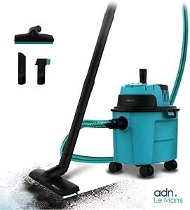 a blue vacuum with a black handle and a black hose