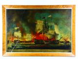 an image of a painting of a ship on fire in the ocean