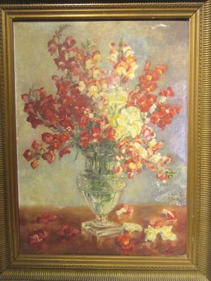 a painting of flowers in a vase on a table