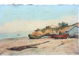 une peinture de bateaux sur la plage au bord de l'eau