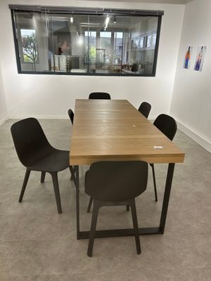 a table and chairs in a room with a large window