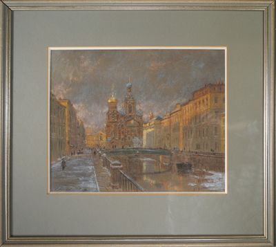 painting of a city street with a bridge and buildings in the background