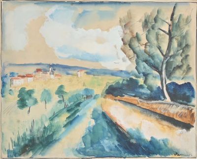 an image of a watercolor painting of a landscape with trees