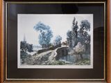 peinture représentant un paysage avec un pont et des arbres en arrière-plan