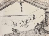 dessin représentant un groupe de personnes assises autour d'une table sous une croix