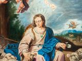 an image of a painting of a woman sitting on a bench surrounded by sheep