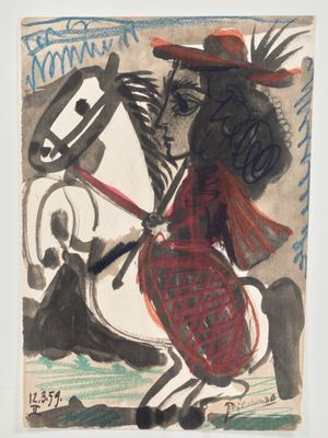 une image représentant un dessin d'un homme à cheval avec une femme à ses côtés