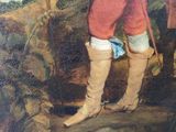 a painting of a man in a red outfit holding a stick