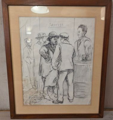dessin encadré représentant un couple s'embrassant devant un groupe de personnes