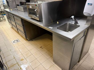 a kitchen with a sink and a microwave on the counter