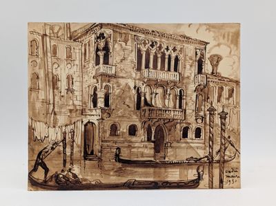 painting of a gondola with a gondola in front of a building