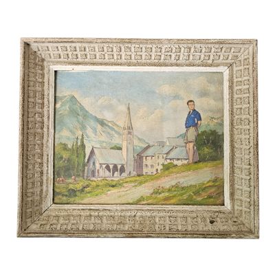 tableau représentant un homme debout sur une colline, avec une église en arrière-plan