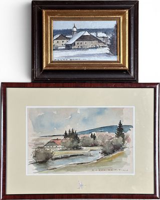 une photo d'un tableau accroché au mur à côté d'une photo d'une église