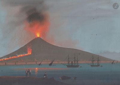 un tableau représentant un volcan au milieu d'un plan d'eau